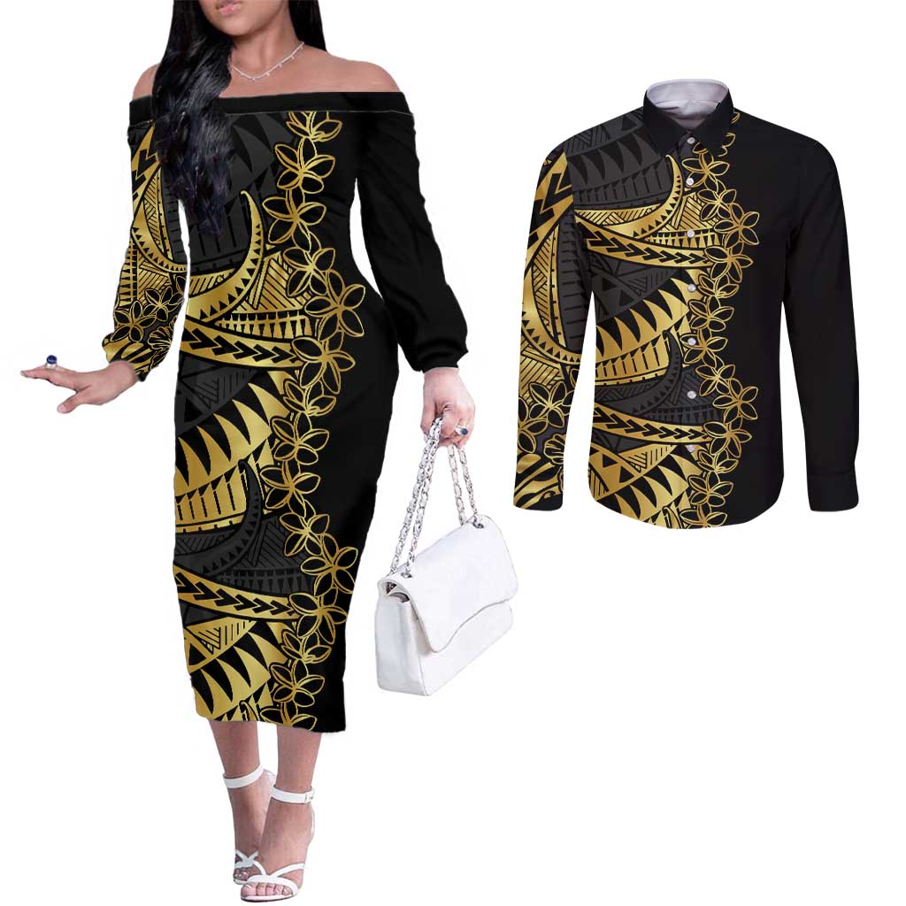Polynesia Couples Matching Off The Shoulder Long Sleeve Dress and Long Sleeve Button Shirt Black & Gold Fancy Plumeria