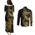 Polynesia Couples Matching Puletasi and Long Sleeve Button Shirt Black & Gold Fancy Plumeria