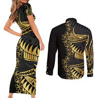 Polynesia Couples Matching Short Sleeve Bodycon Dress and Long Sleeve Button Shirt Black & Gold Fancy Plumeria