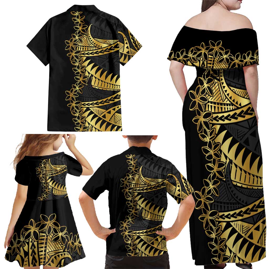 Polynesia Family Matching Off Shoulder Maxi Dress and Hawaiian Shirt Black & Gold Fancy Plumeria