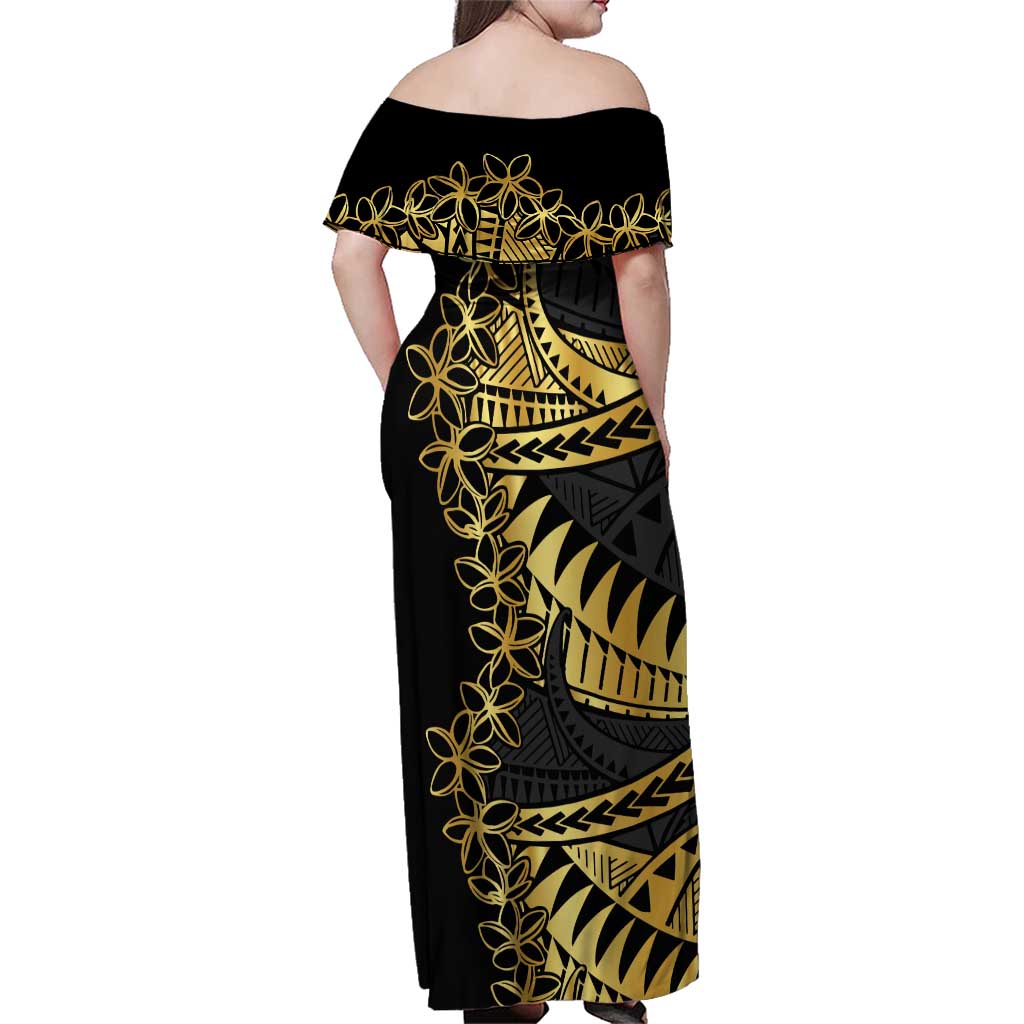 Polynesia Family Matching Off Shoulder Maxi Dress and Hawaiian Shirt Black & Gold Fancy Plumeria