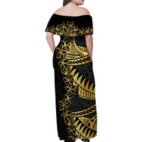 Polynesia Family Matching Off Shoulder Maxi Dress and Hawaiian Shirt Black & Gold Fancy Plumeria
