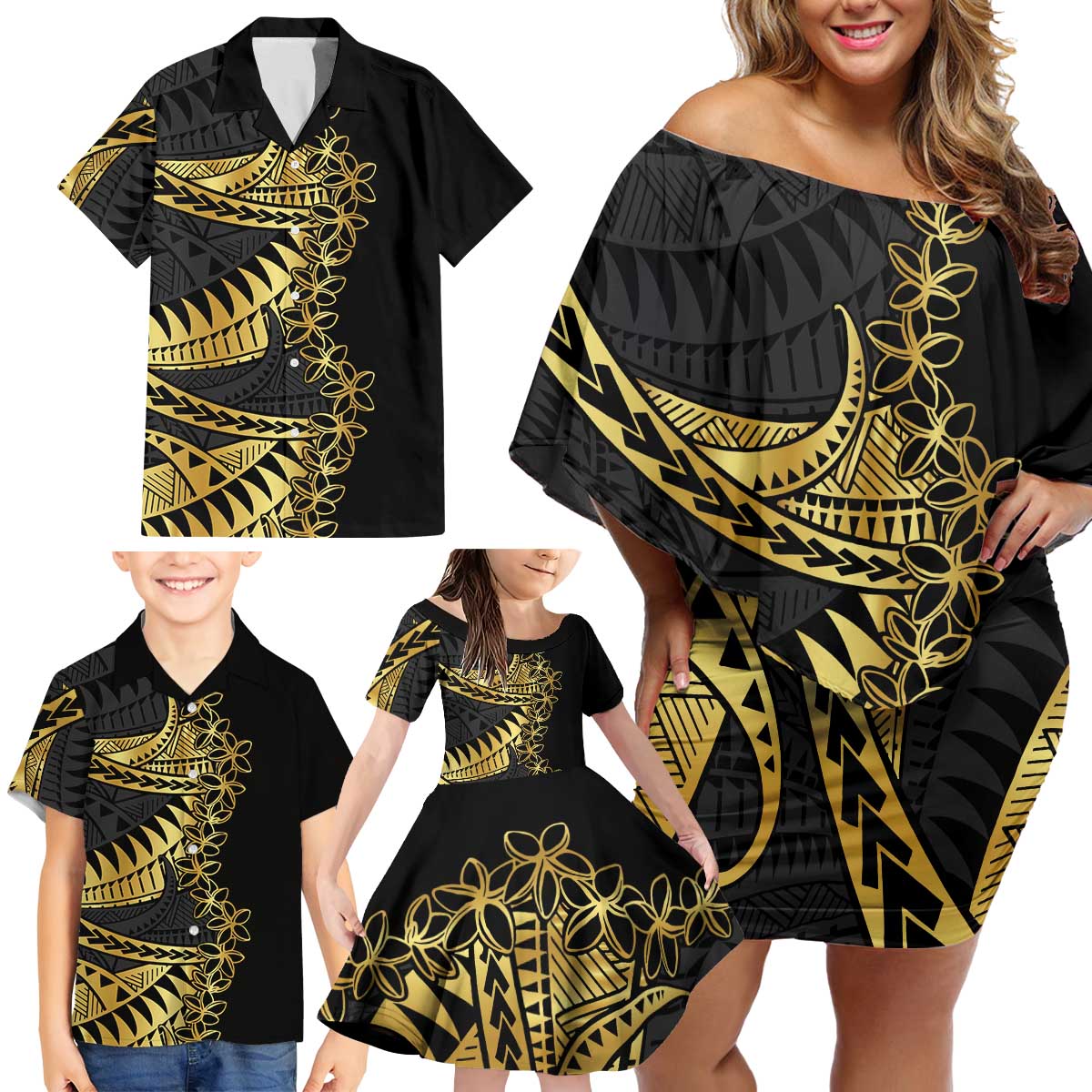 Polynesia Family Matching Off Shoulder Short Dress and Hawaiian Shirt Black & Gold Fancy Plumeria LT7 - Polynesian Pride
