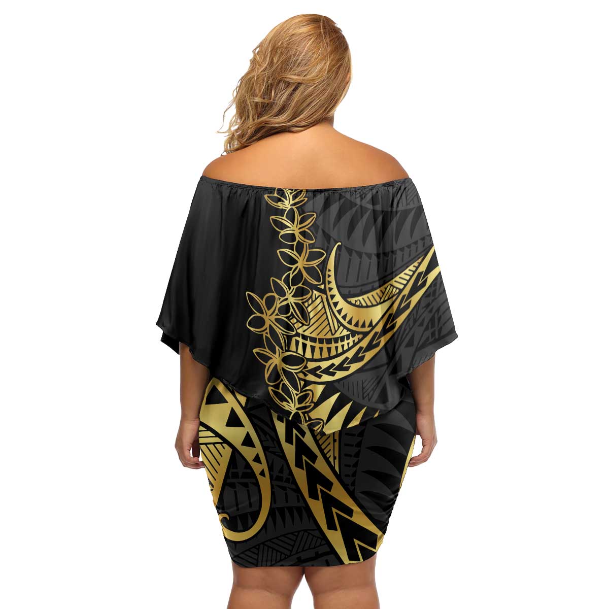 Polynesia Family Matching Off Shoulder Short Dress and Hawaiian Shirt Black & Gold Fancy Plumeria