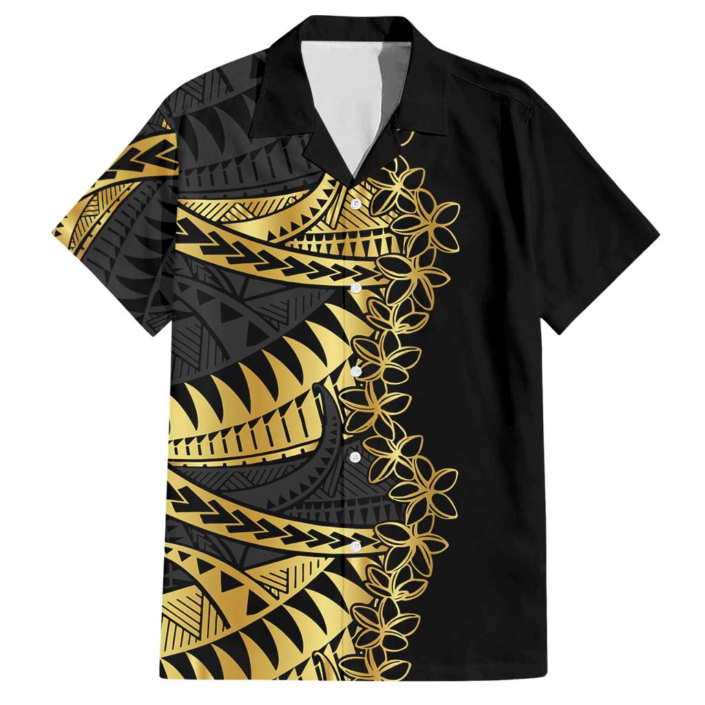 Polynesia Family Matching Short Sleeve Bodycon Dress and Hawaiian Shirt Black & Gold Fancy Plumeria
