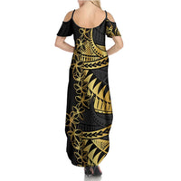 Polynesia Family Matching Summer Maxi Dress and Hawaiian Shirt Black & Gold Fancy Plumeria