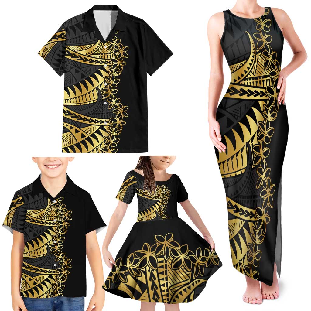 Polynesia Family Matching Tank Maxi Dress and Hawaiian Shirt Black & Gold Fancy Plumeria LT7 - Polynesian Pride