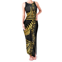 Polynesia Family Matching Tank Maxi Dress and Hawaiian Shirt Black & Gold Fancy Plumeria