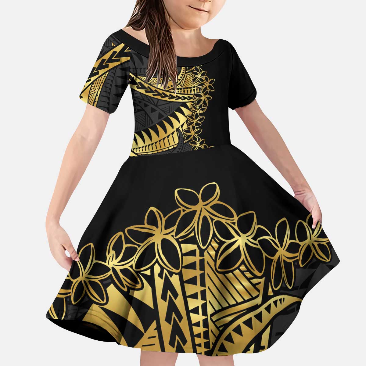 Polynesia Kid Short Sleeve Dress Black & Gold Fancy Plumeria LT7 KID Black Gold - Polynesian Pride