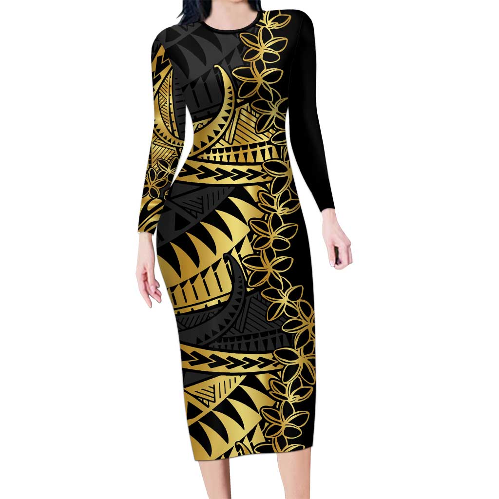 Polynesia Long Sleeve Bodycon Dress Black & Gold Fancy Plumeria LT7 Long Dress Black Gold - Polynesian Pride