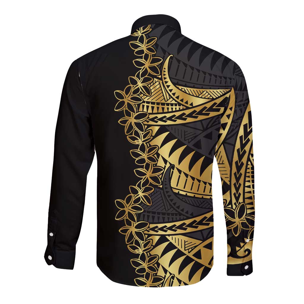 Polynesia Long Sleeve Button Shirt Black & Gold Fancy Plumeria