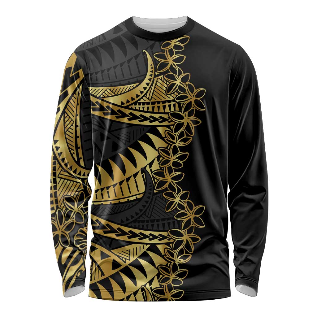 Polynesia Long Sleeve Shirt Black & Gold Fancy Plumeria LT7 Unisex Black Gold - Polynesian Pride