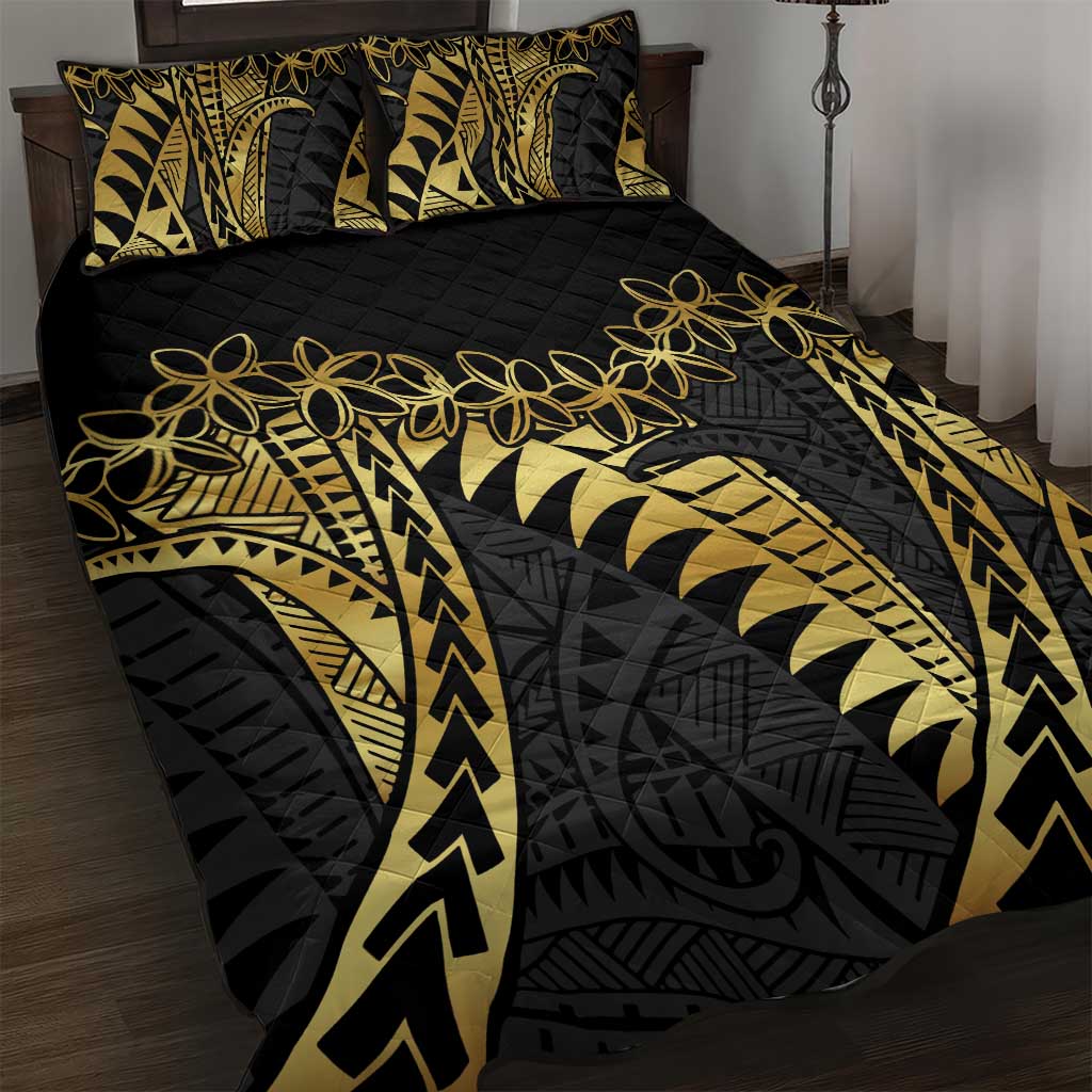 Polynesia Quilt Bed Set Black & Gold Fancy Plumeria LT7 Black Gold - Polynesian Pride