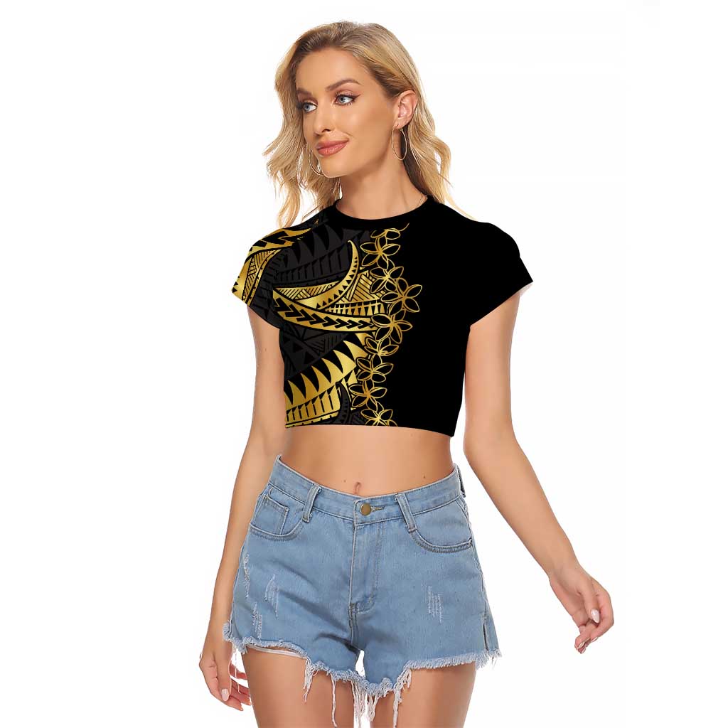 Polynesia Raglan Cropped T Shirt Black & Gold Fancy Plumeria