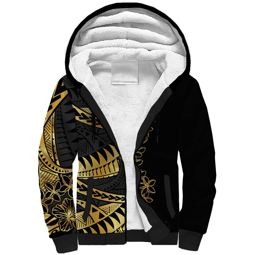 Polynesia Sherpa Hoodie Black & Gold Fancy Plumeria LT7 Unisex Black Gold - Polynesian Pride