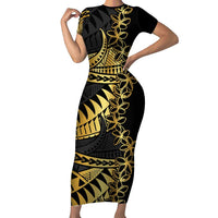 Polynesia Short Sleeve Bodycon Dress Black & Gold Fancy Plumeria LT7 Long Dress Black Gold - Polynesian Pride