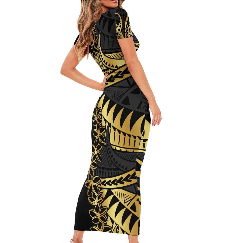 Polynesia Short Sleeve Bodycon Dress Black & Gold Fancy Plumeria LT7 - Polynesian Pride