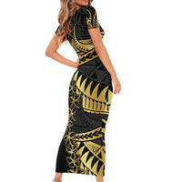 Polynesia Short Sleeve Bodycon Dress Black & Gold Fancy Plumeria LT7 - Polynesian Pride