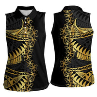 Polynesia Women Sleeveless Polo Shirt Black & Gold Fancy Plumeria