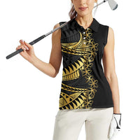 Polynesia Women Sleeveless Polo Shirt Black & Gold Fancy Plumeria