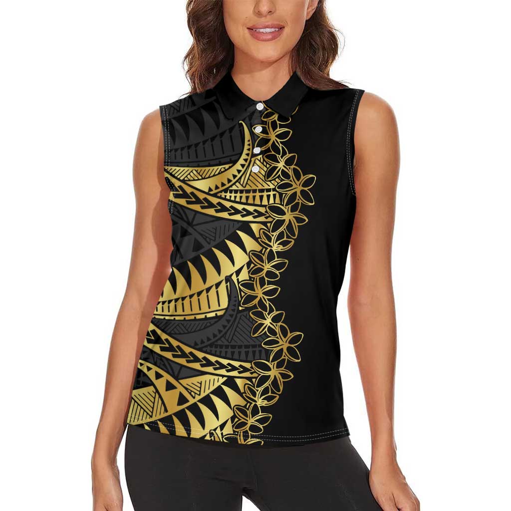 Polynesia Women Sleeveless Polo Shirt Black & Gold Fancy Plumeria