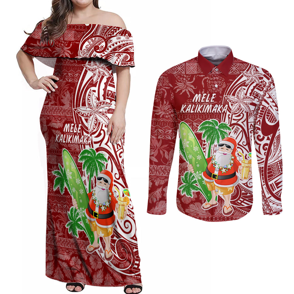 Hawaii Christmas Mele Kalikimaka Couples Matching Off Shoulder Maxi Dress and Long Sleeve Button Shirt Santa Claus LT7 Red - Polynesian Pride