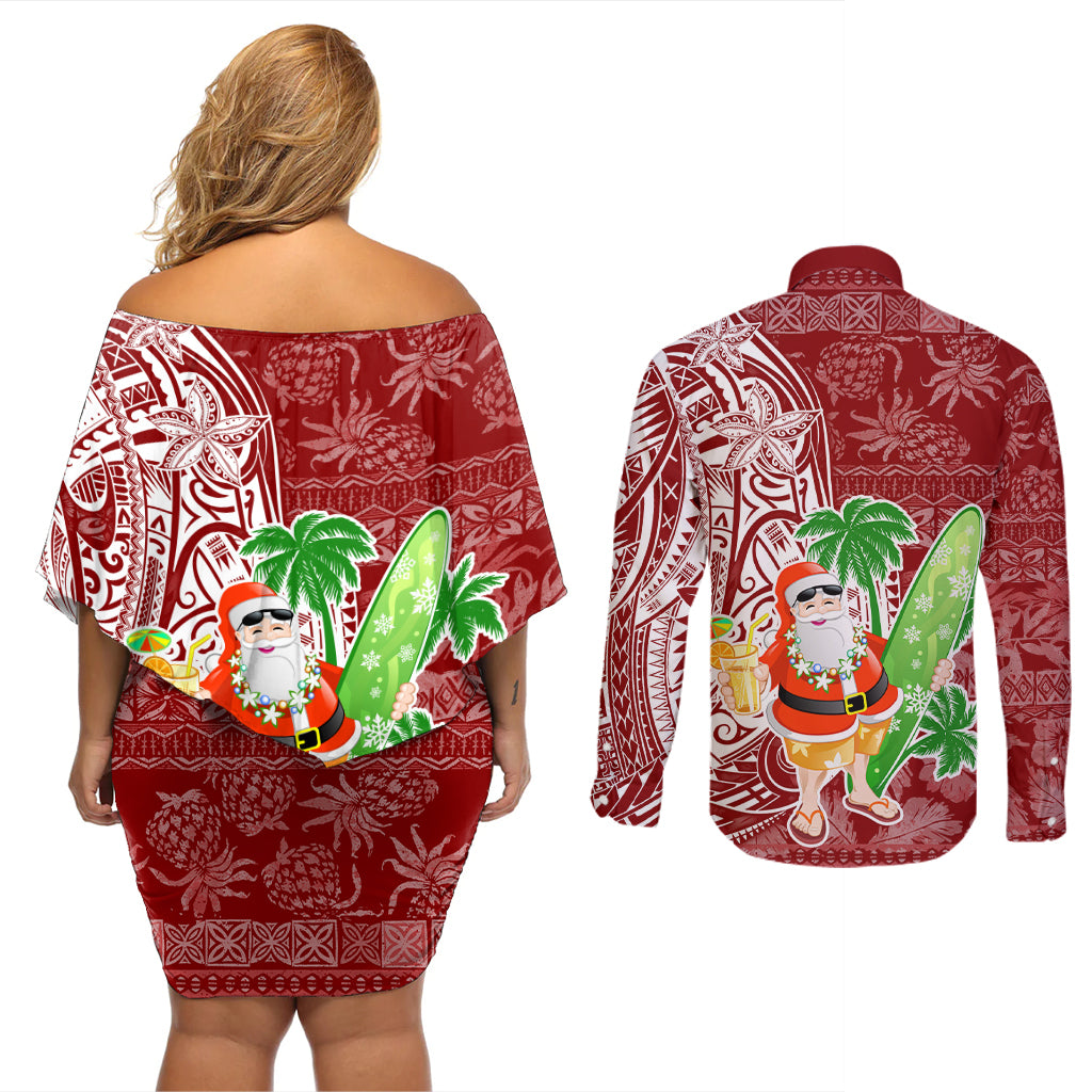 Hawaii Christmas Mele Kalikimaka Couples Matching Off Shoulder Short Dress and Long Sleeve Button Shirt Santa Claus LT7 - Polynesian Pride