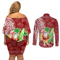 Hawaii Christmas Mele Kalikimaka Couples Matching Off Shoulder Short Dress and Long Sleeve Button Shirt Santa Claus LT7 - Polynesian Pride