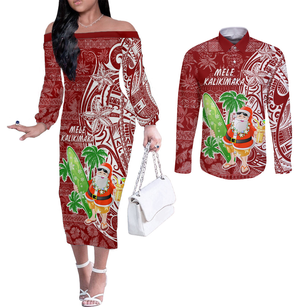 Hawaii Christmas Mele Kalikimaka Couples Matching Off The Shoulder Long Sleeve Dress and Long Sleeve Button Shirt Santa Claus LT7 Red - Polynesian Pride