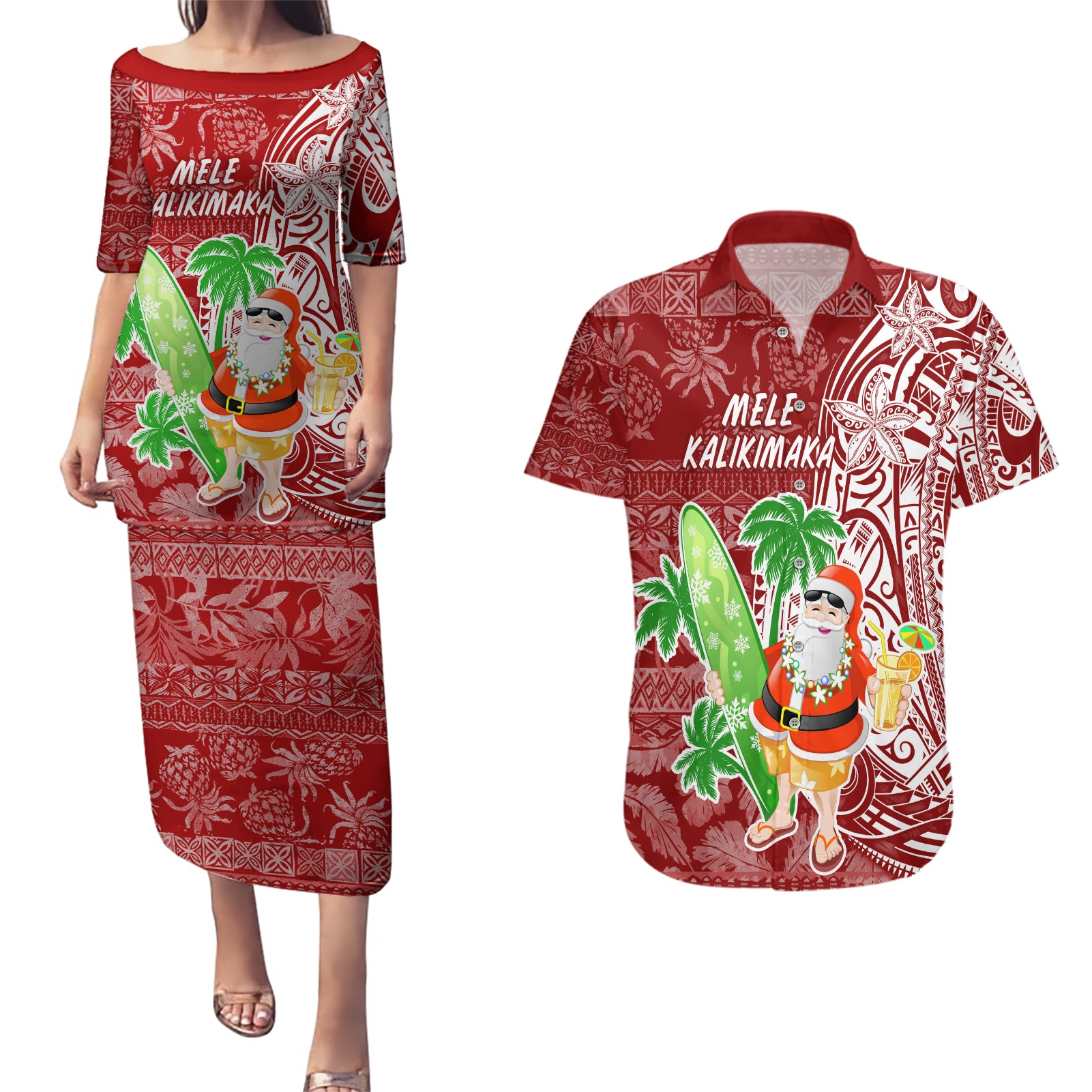 Hawaii Christmas Mele Kalikimaka Couples Matching Puletasi Dress and Hawaiian Shirt Santa Claus LT7 Red - Polynesian Pride