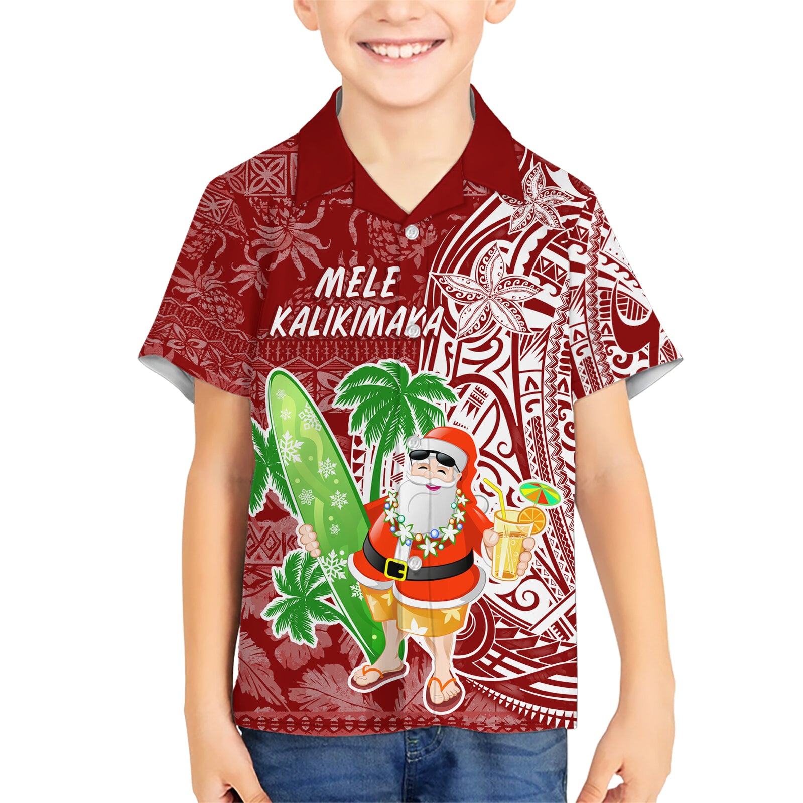 Hawaii Christmas Mele Kalikimaka Kid Hawaiian Shirt Santa Claus LT7 Kid Red - Polynesian Pride