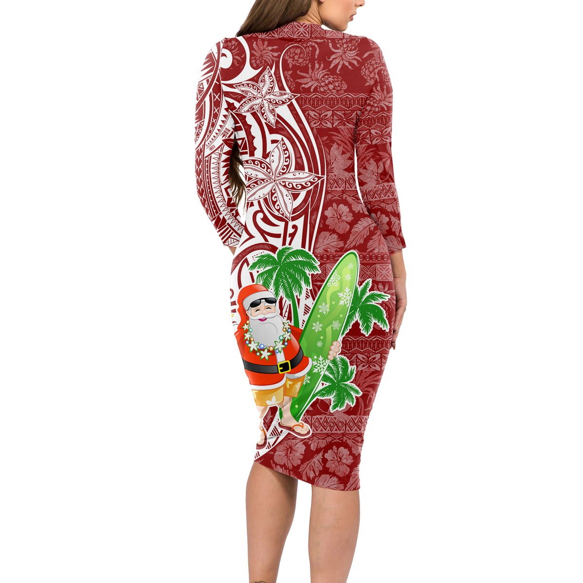 Hawaii Christmas Mele Kalikimaka Long Sleeve Bodycon Dress Santa Claus LT7 - Polynesian Pride