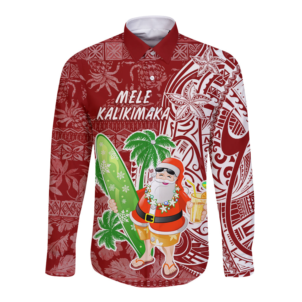 Hawaii Christmas Mele Kalikimaka Long Sleeve Button Shirt Santa Claus LT7 Unisex Red - Polynesian Pride