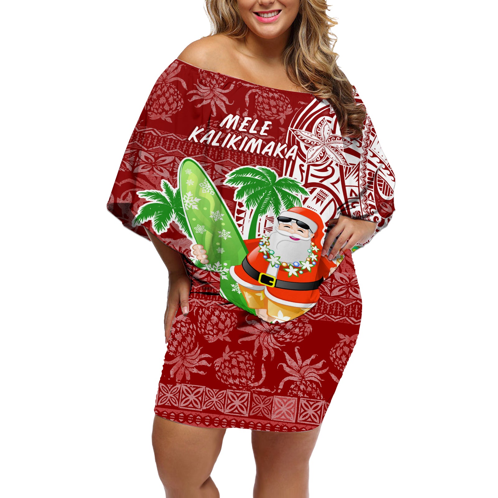 Hawaii Christmas Mele Kalikimaka Off Shoulder Short Dress Santa Claus LT7 Women Red - Polynesian Pride