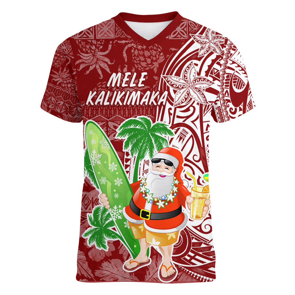 Hawaii Christmas Mele Kalikimaka Women V Neck T Shirt Santa Claus LT7 Female Red - Polynesian Pride