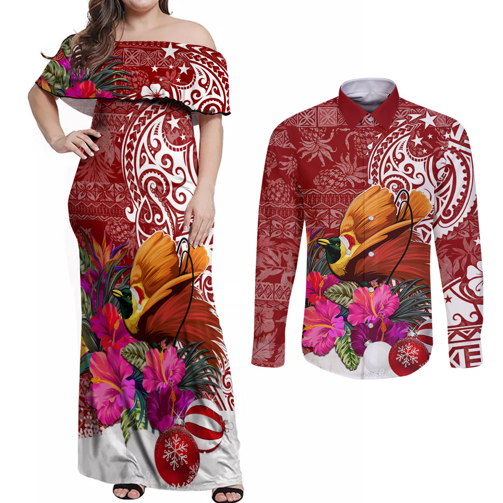 Papua New Guinea Christmas Couples Matching Off Shoulder Maxi Dress and Long Sleeve Button Shirt Bird-of-Paradise Special LT7 Red - Polynesian Pride