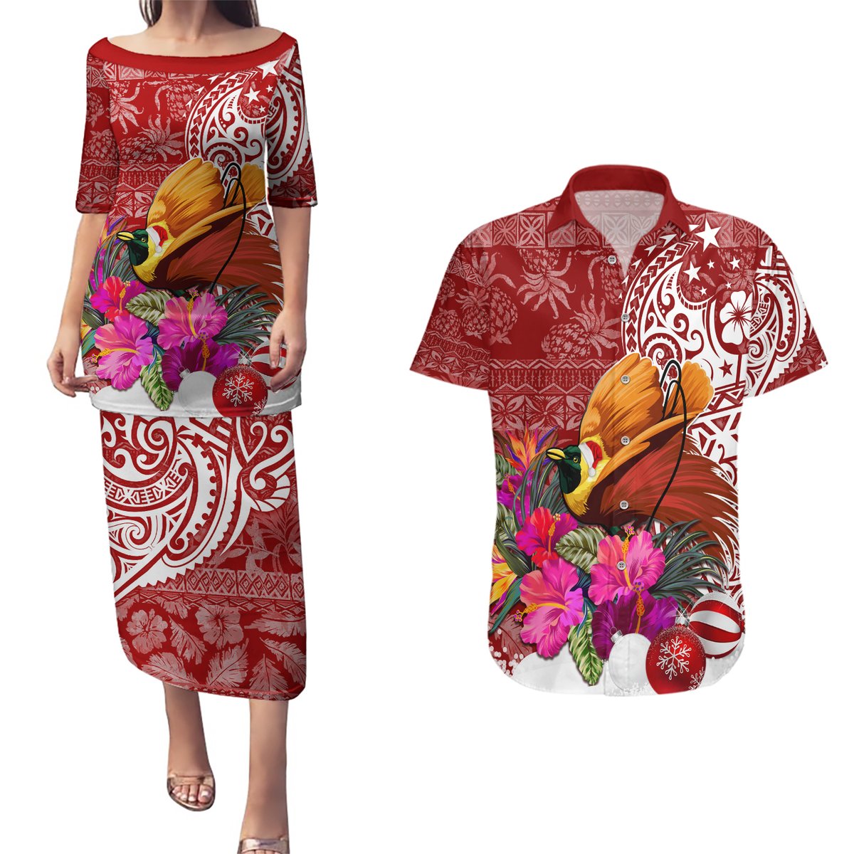Papua New Guinea Christmas Couples Matching Puletasi Dress and Hawaiian Shirt Bird-of-Paradise Special LT7 Red - Polynesian Pride