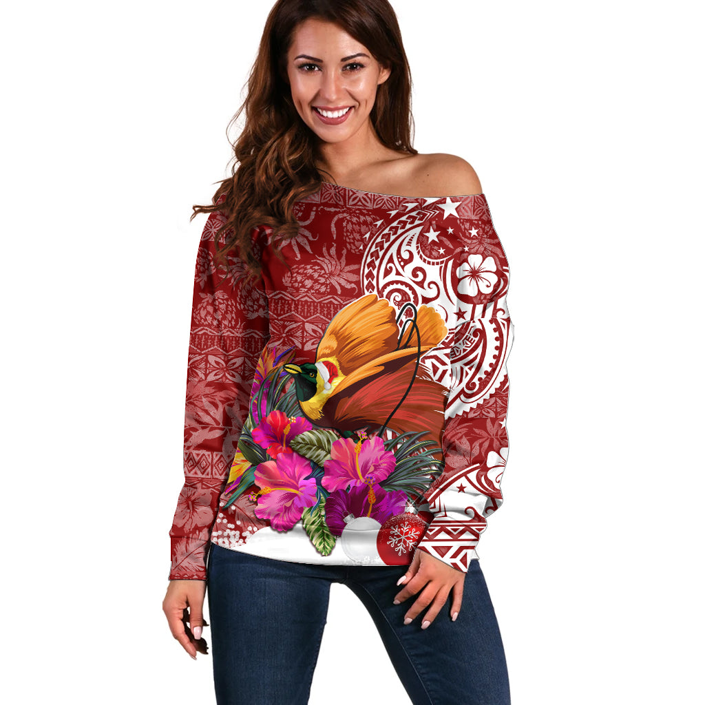 Papua New Guinea Christmas Off Shoulder Sweater Bird-of-Paradise Special LT7 Women Red - Polynesian Pride