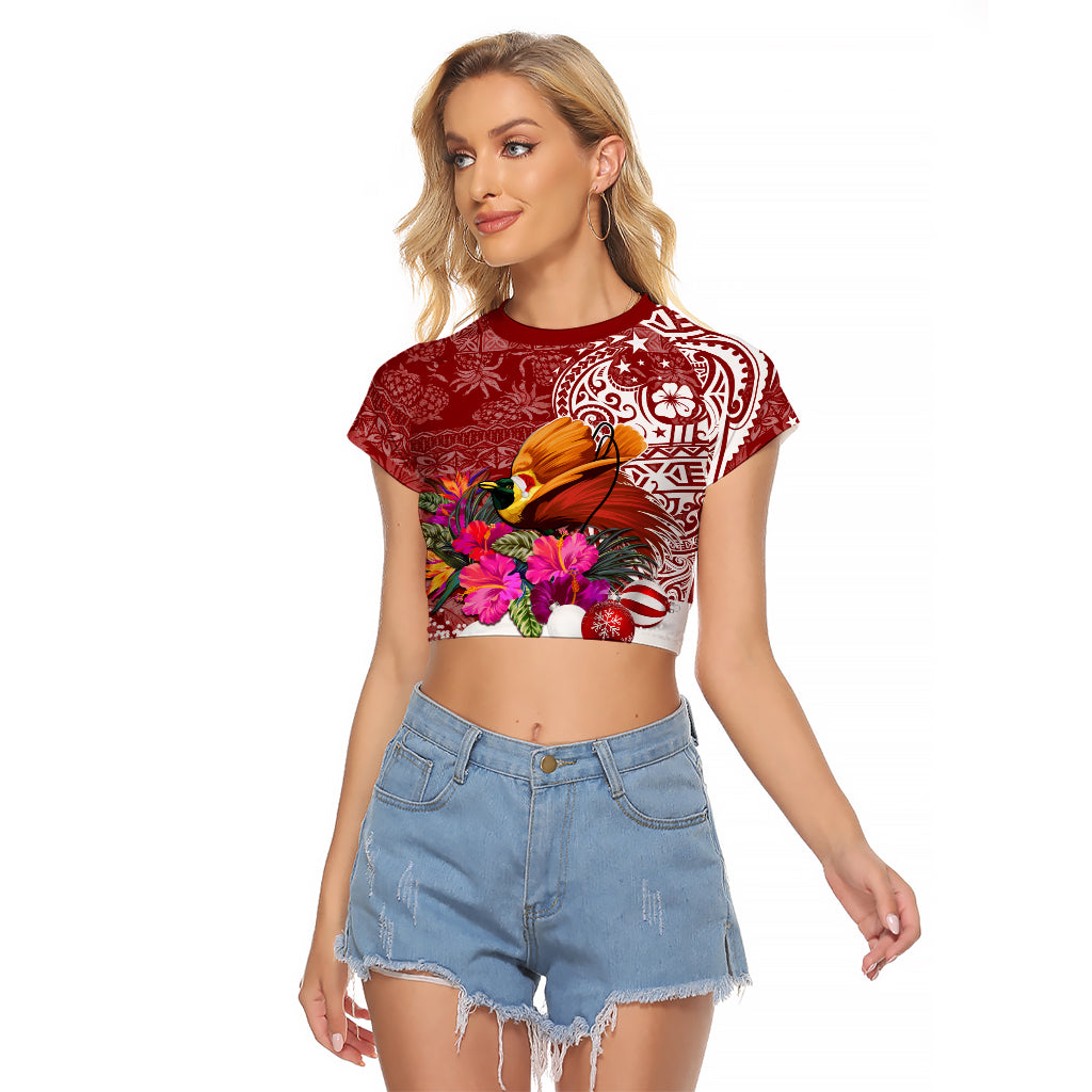 Papua New Guinea Christmas Raglan Cropped T Shirt Bird-of-Paradise Special LT7 Female Red - Polynesian Pride