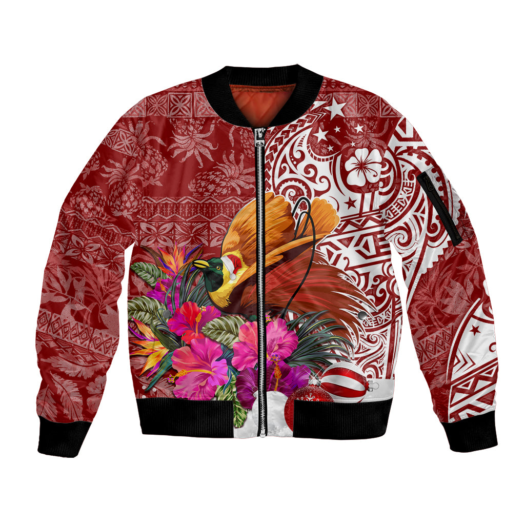 Papua New Guinea Christmas Sleeve Zip Bomber Jacket Bird-of-Paradise Special LT7 Unisex Red - Polynesian Pride