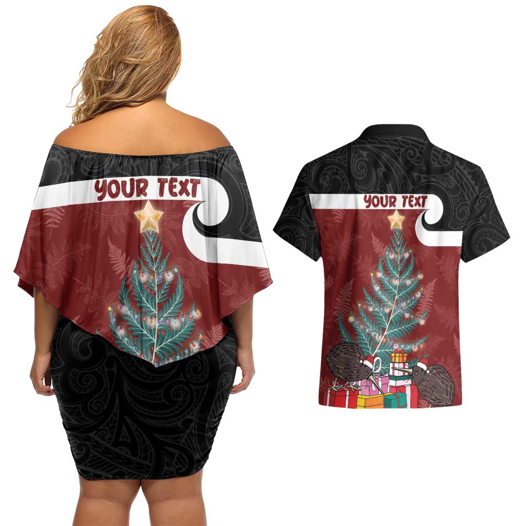 Personalised New Zealand Maori Christmas Couples Matching Off Shoulder Short Dress and Hawaiian Shirt Xmas Fern Mix Kowhawhai