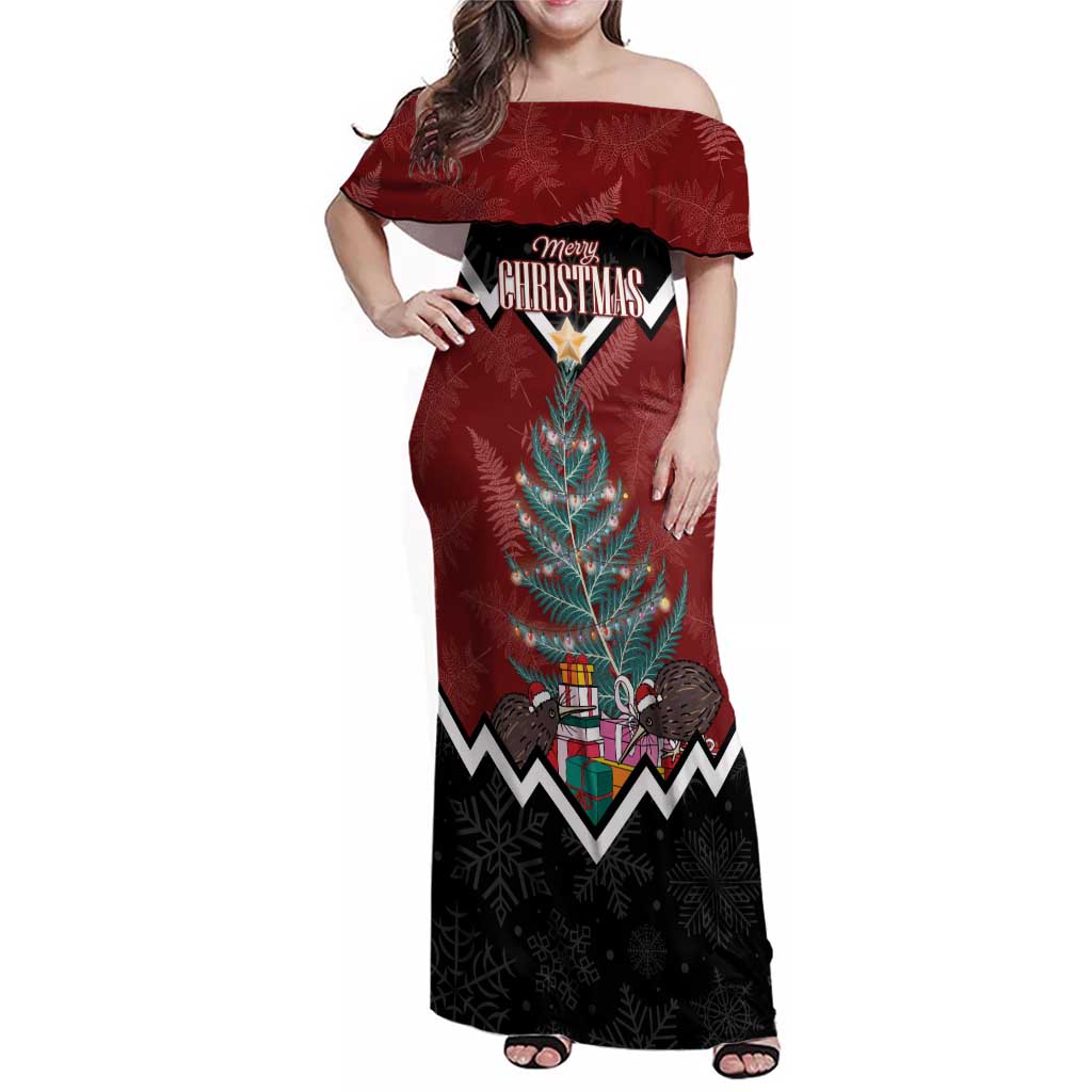 Personalised New Zealand Christmas Family Matching Off Shoulder Maxi Dress and Hawaiian Shirt Xmas Fern and Kiwi Birds
