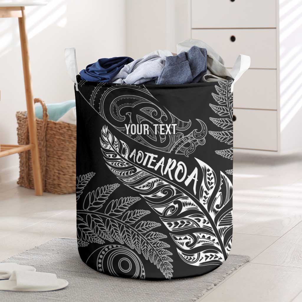 Aotearoa Personalized Lawn Bowls Maori Laundry Basket New Zealand Black Tribal Silver Fern - Polynesian Pride