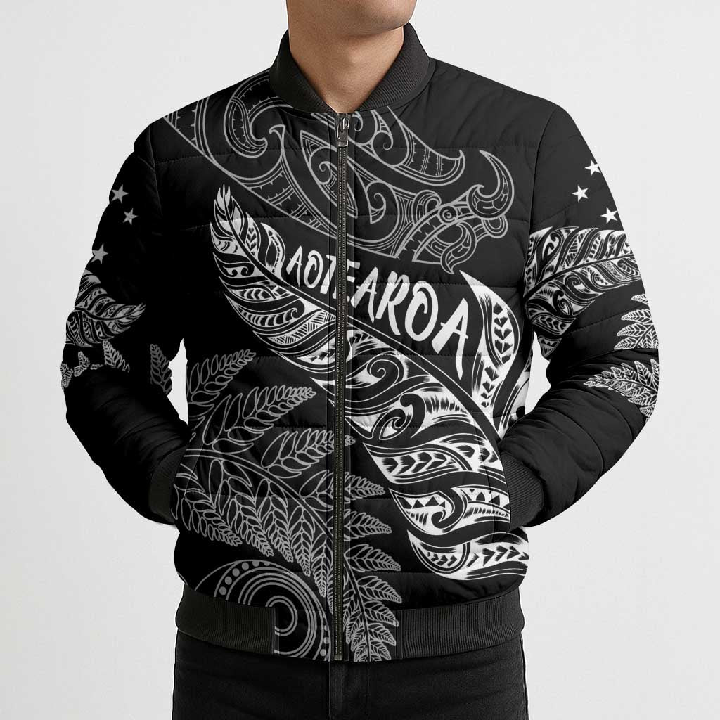 Aotearoa Personalized Lawn Bowls Maori Bomber Puffer Jacket New Zealand Black Tribal Silver Fern - Polynesian Pride