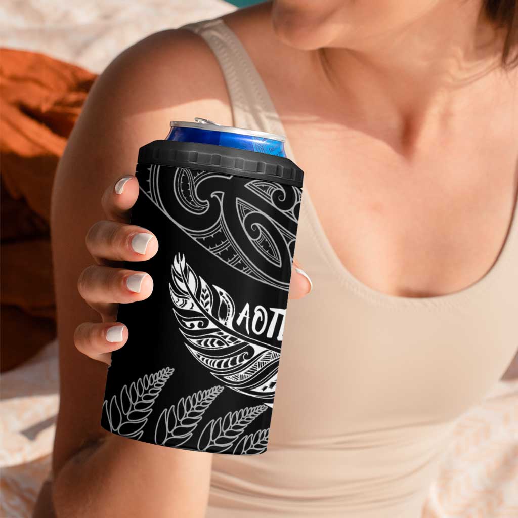 Aotearoa Personalized Lawn Bowls Maori 4 in 1 Can Cooler Tumbler New Zealand Black Tribal Silver Fern - Polynesian Pride