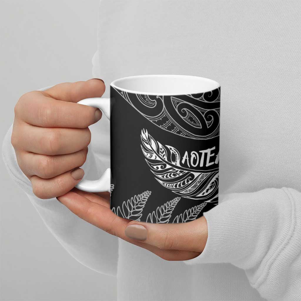 Aotearoa Personalized Lawn Bowls Maori Ceramic Mug New Zealand Black Tribal Silver Fern - Polynesian Pride