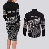 Aotearoa Personalized Lawn Bowls Maori Couples Matching Long Sleeve Bodycon Dress and Long Sleeve Button Shirt New Zealand Black Tribal Silver Fern - Polynesian Pride