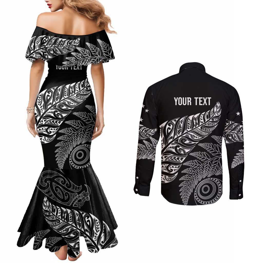 Aotearoa Personalized Lawn Bowls Maori Couples Matching Mermaid Dress and Long Sleeve Button Shirt New Zealand Black Tribal Silver Fern - Polynesian Pride