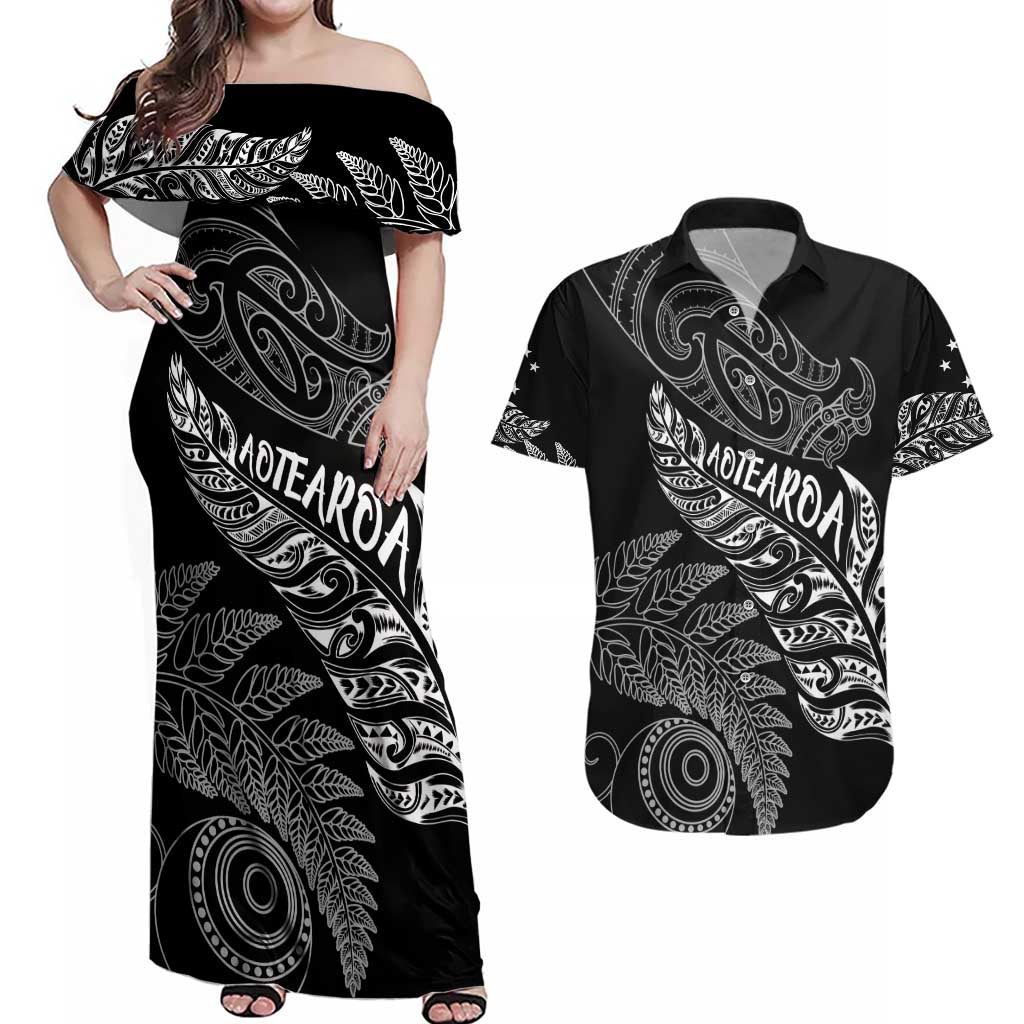 Aotearoa Personalized Lawn Bowls Maori Couples Matching Off Shoulder Maxi Dress and Hawaiian Shirt New Zealand Black Tribal Silver Fern - Polynesian Pride