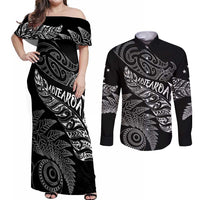 Aotearoa Personalized Lawn Bowls Maori Couples Matching Off Shoulder Maxi Dress and Long Sleeve Button Shirt New Zealand Black Tribal Silver Fern - Polynesian Pride